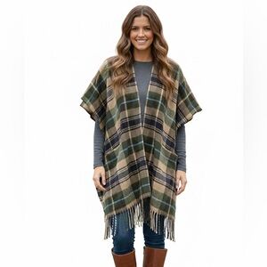 Do Everything In Love Green & Brown Plaid Fringe Poncho Cape Sweater One Size